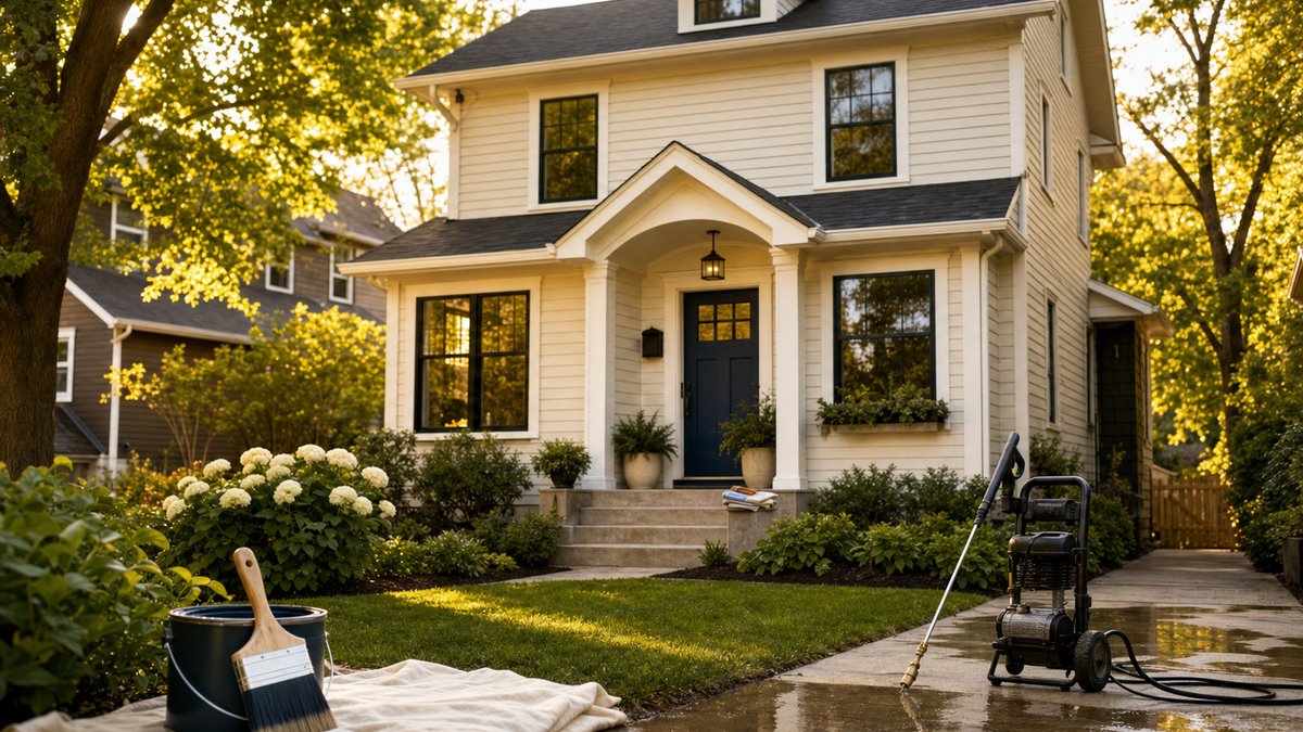 Charming two-story Stillwater MN home prepped for sale with fresh paint, pressure-washed driveway, and tidy landscaping at golden hour
